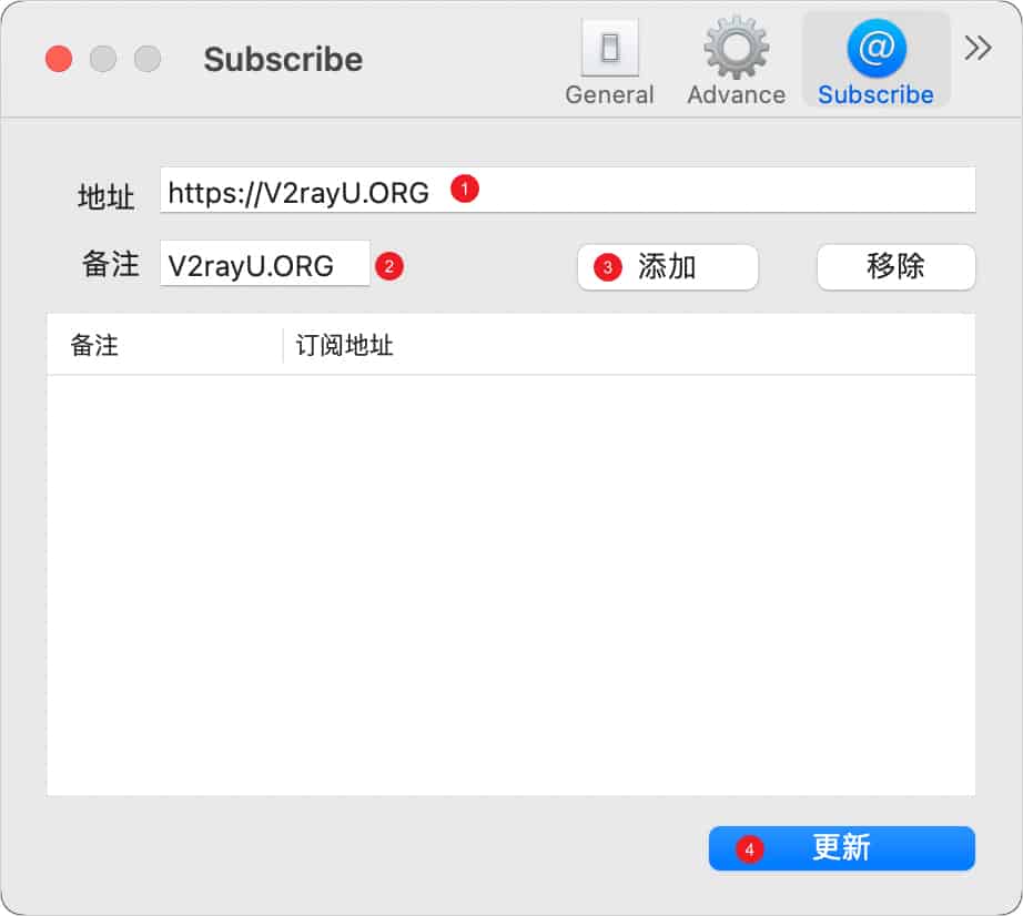 V2rayU 订阅设置 添加订阅地址